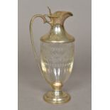 A silver mounted etched glass claret jug, hallmarked London 1996,