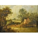 ENGLISH SCHOOL (19th century) Figure in a Rural River Landscape Oil on panel 28.