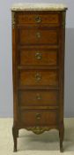 A small French marquetry inlaid marble topped chest of drawers The moulded canted marble top above