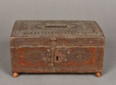 An 18th century pressed leather covered box Of hinged rectangular form,