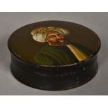 A 19th century papier mache table snuff box Of circular section,