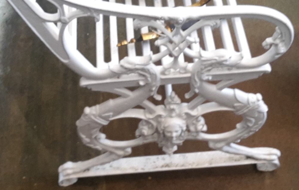 A white painted cast iron garden bench, possibly Coalbrookdale Italian pattern. 141.5 cm wide. - Image 3 of 5