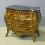 A chinoiserie decorated marble top bombe commode The shaped black variegated marble top above the