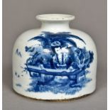 A Chinese blue and white porcelain water pot Decorated with a female figure playing a gu-zheng in a