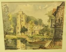 ELSIE WOODS (20th century) British (AR) Hemingford Grey, Boat House & Church Watercolour Signed,