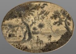 A George III hair picture Worked with figures in a rural landscape,