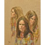 ENGLISH SCHOOL (20th century) Portrait of Three Sisters Oil on canvas Signed and dated 71 59 x 75