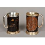A pair of silver plate mounted late 19th century Japanese lacquered bamboo tankards Each decorated