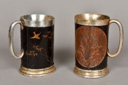 A pair of silver plate mounted late 19th century Japanese lacquered bamboo tankards Each decorated