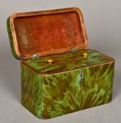 A George III white metal inlaid green stained tortoiseshell tea caddy The hinged domed cover with