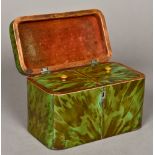 A George III white metal inlaid green stained tortoiseshell tea caddy The hinged domed cover with