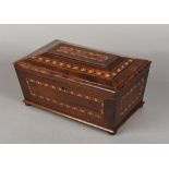 A 19th century parquetry inlaid yewwood caddy Of sarcophagus form,