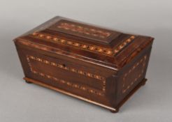 A 19th century parquetry inlaid yewwood caddy Of sarcophagus form,