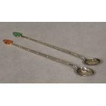 A pair of Chinese hardstone mounted silver spoons Each of faux bamboo design,