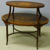 An Edwardian inlaid mahogany and satinwood two-tier etagere Of oval form,