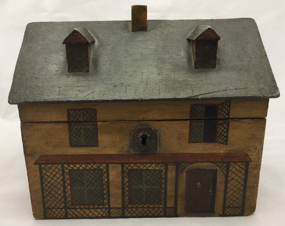 A 19th century polychrome painted wooden tea caddy Modelled in the form of a rustic cottage, - Image 2 of 9