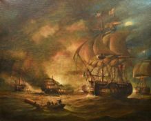 BRIAN COOLE (born 1939) Anglo-American (AR) War Ships Exchanging Fire Oil on canvas Signed 66 x 53
