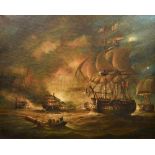 BRIAN COOLE (born 1939) Anglo-American (AR) War Ships Exchanging Fire Oil on canvas Signed 66 x 53