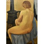 ENGLISH SCHOOL (20th century) Nude Beside a Wood Burner Oil on canvas 75 x 110 cm,
