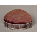 A George V silver framed heart-shaped pin cushion box, hallmarked London 1914,