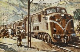 TERRENCE TENISON CUNEO (1907-1996) British (AR) All Aboard Oil on board Signed 35 x 23.