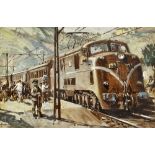 TERRENCE TENISON CUNEO (1907-1996) British (AR) All Aboard Oil on board Signed 35 x 23.