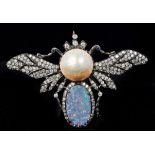 A diamond, opal and pearl brooch Formed as a winged insect. 8.5 cm wide.