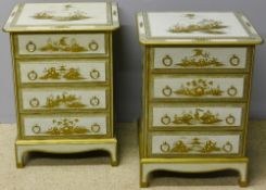 A pair of chinoiserie decorated bedside chests Each four drawer chest decorated with gilt