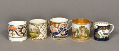 Five early 19th century porcelain coffee cans Variously decorated. The largest 6.5 cm high.