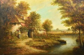 BRIAN COOLE (born 1939) Anglo-American (AR) Riverside Cottage with Figures Harvesting Beyond Oil on