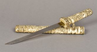 A 19th century Japanese ivory clad tanto The handle and scabbard carved in the round with various
