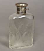 A George V silver mounted etched glass hip flask, hallmarked London 1916,