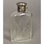A George V silver mounted etched glass hip flask, hallmarked London 1916,