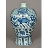 A Chinese blue and white porcelain Meiping vase Decorated in the round with an aquatic scene,