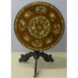 A 19th century Cantonese mother-of-pearl inlaid hardwood tripod table The moulded circular top
