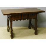 A 19th century Spanish walnut table The rectangular top above three moulded frieze drawers,
