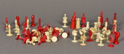 A collection of various 19th century ivory and stained ivory chess pieces Varying styles and sizes.