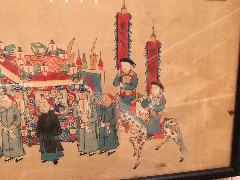 A pair of Chinese silk pictures Each depicting a figural procession, framed and glazed. - Image 6 of 10