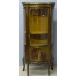 A Vernis Martin style serpentine vitrine The pressed brass three-quarter galleried marble top above