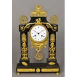 A French Empire gilt bronze marble black marble mantel clock Of portico form,