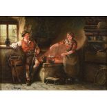 C BAUER (19th century) Continental Tyrolean Figures in a Cottage Interior Oil on panel Signed 17 x