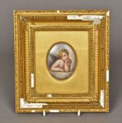 A 19th century Continental porcelain plaque Of oval form, painted with a pensive cherub,
