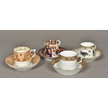 Four early 19th century coffee cans and saucers, one Crown Derby Various decorated.