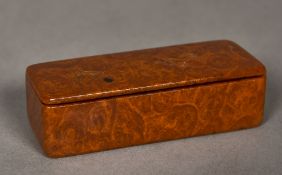 A 19th century treen burrwood snuff box Of hinged rectangular form. 8.5 cm wide.