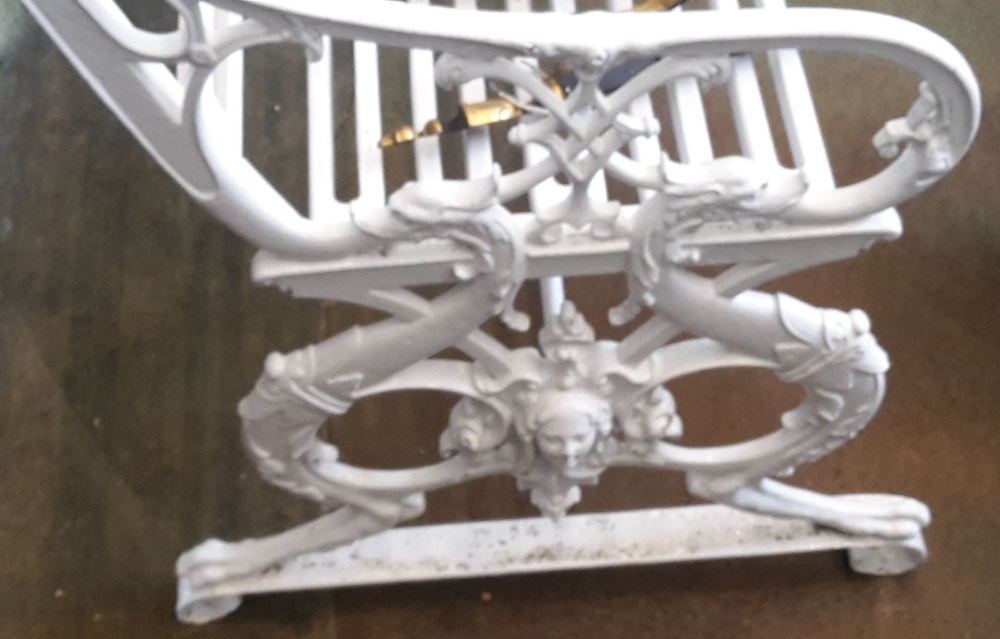 A white painted cast iron garden bench, possibly Coalbrookdale Italian pattern. 141.5 cm wide. - Image 2 of 5