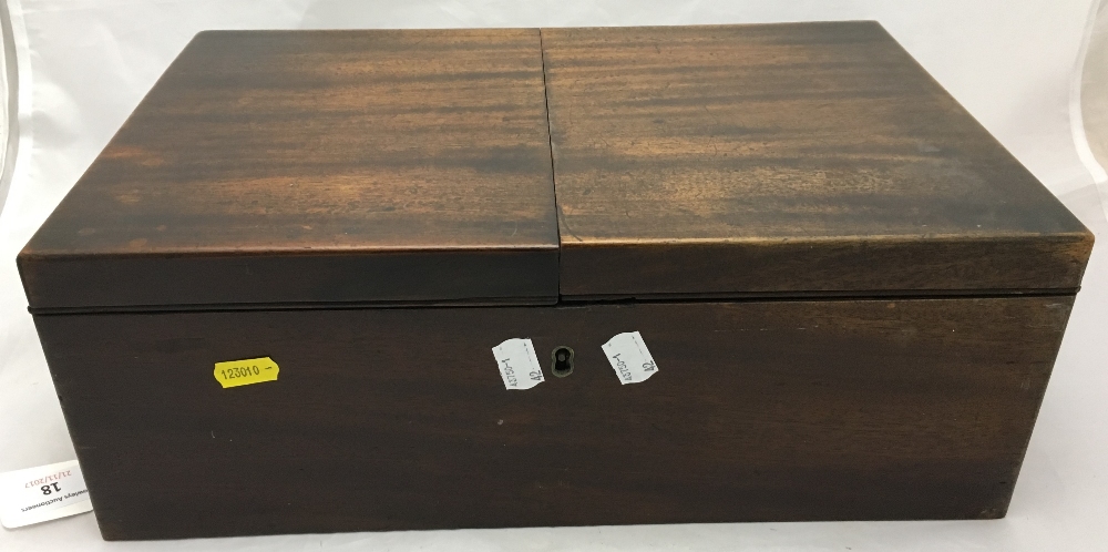 A George III mahogany travelling writing box The hinged twin flap top enclosing an adjustable baize - Image 4 of 8