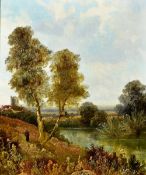 ENGLISH SCHOOL (19th century) Figure in a Rural River Landscape Oil on canvas Indistinctly