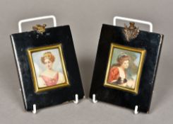 Two miniature portraits on ivory One depicting a young jewelled lady wearing a crown,