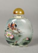 A Chinese inside painted snuff bottle and stopper Worked with a heron opposing a pair of mandarin