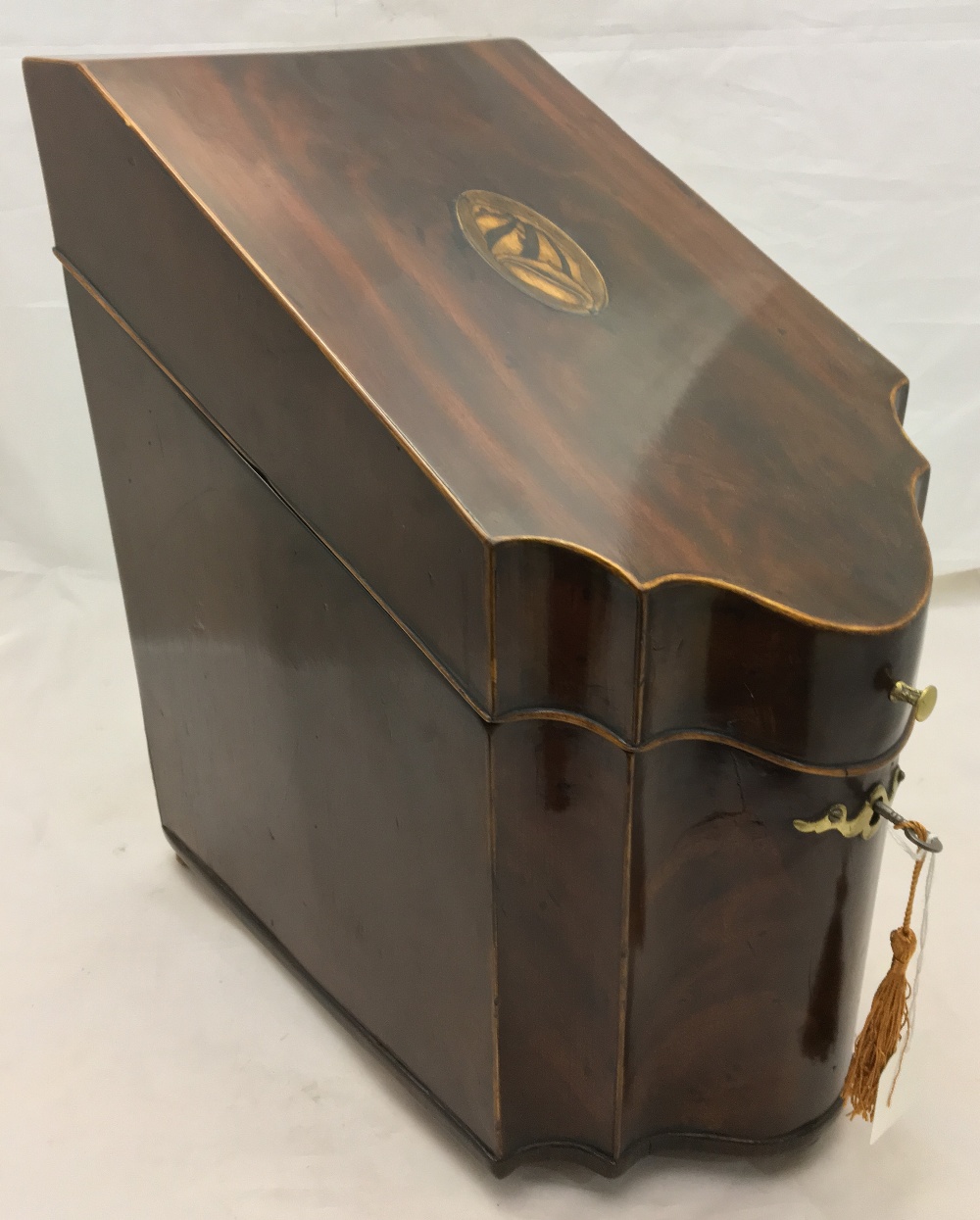 A pair of Georgian III mahogany serpentine knife boxes Each with shell inlaid hinged cover - Image 9 of 13